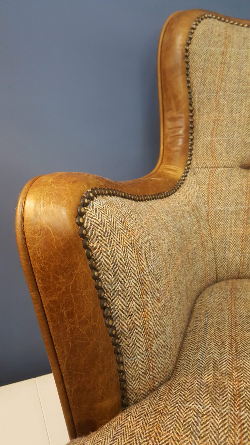 Vintage Sofa Co Ellis FT Chair low slung armchair in hunting lodge harris tweed and cerato leather edging