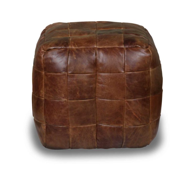front image of Vintage Sofa Co square cube beanmade made from a patchwork of cerato leather