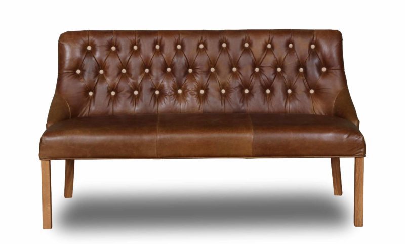 Vintage Sofa Co Stanton 2 Seater Loveseat Bench in Cerato Leather with Light Oak legs and Cotswold Fabric Buttons