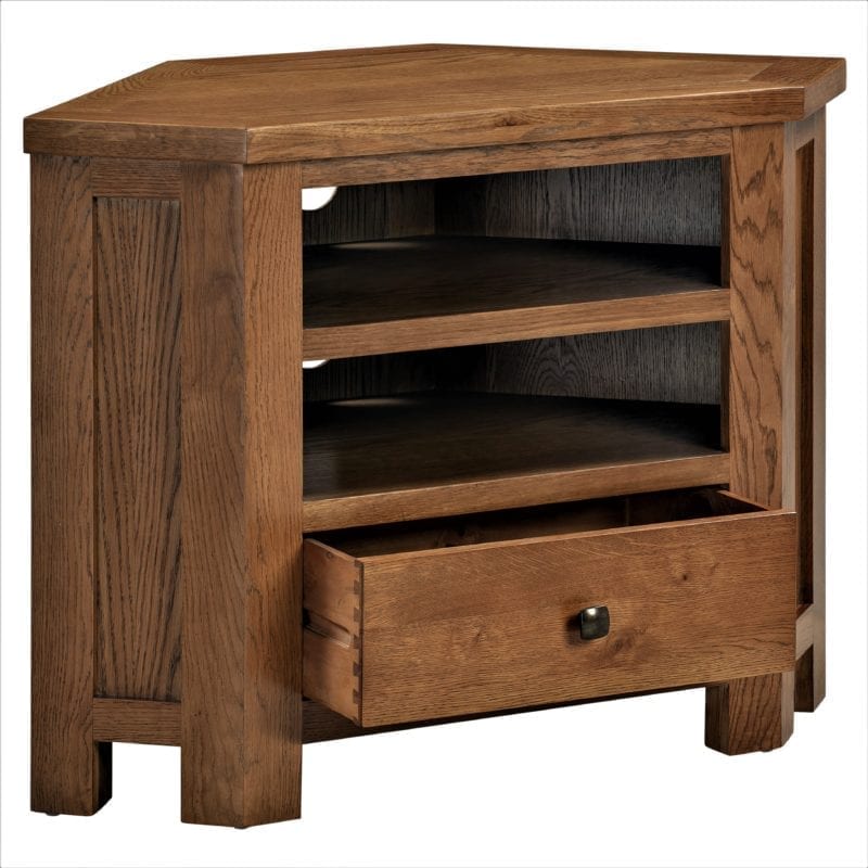 DOR073R Dorset rustic oak corner tv unit drawer open