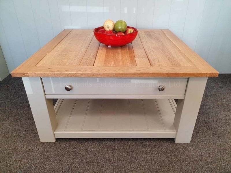 Large square painted grey coffee table with drawer and shelf solid panelled oak top