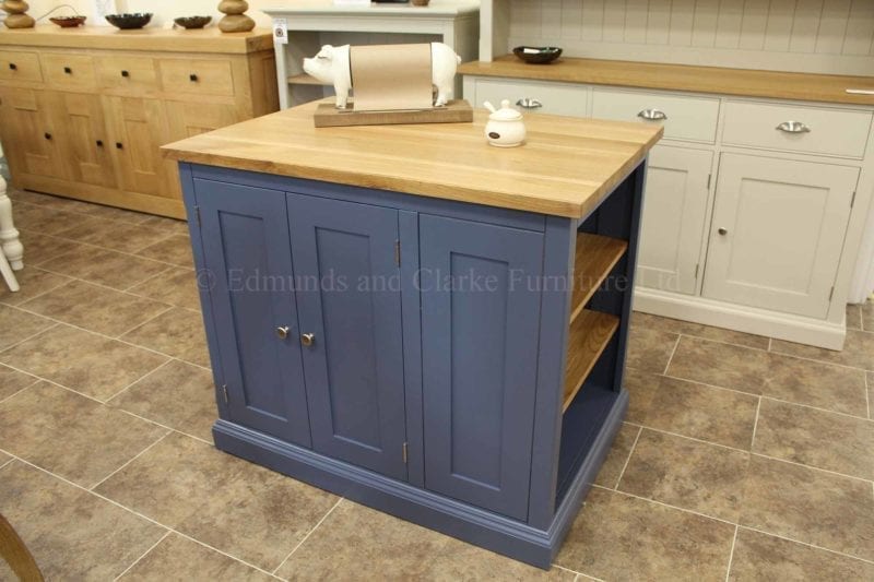 painted small kitchen island with double cupboard and storage shelves, oak top