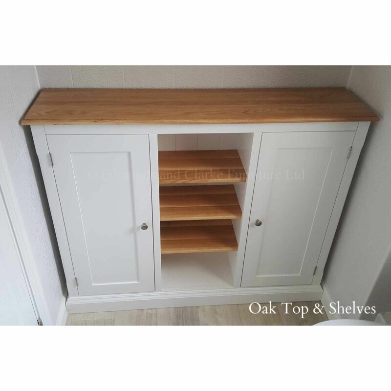 Edmunds painted shallow cupboard with oak top and oak shelves, Edmunds & Clarke Furniture