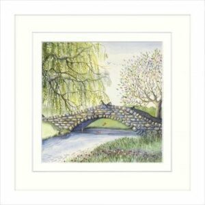 Carrot Sticks by Catherine J Stephenson, bunnies on a stone bridge playing pooh sticks with carrots, beautiful tree detail
