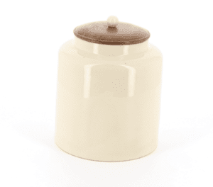 Country kitchen Small round store with wooden lid, ceramic knob