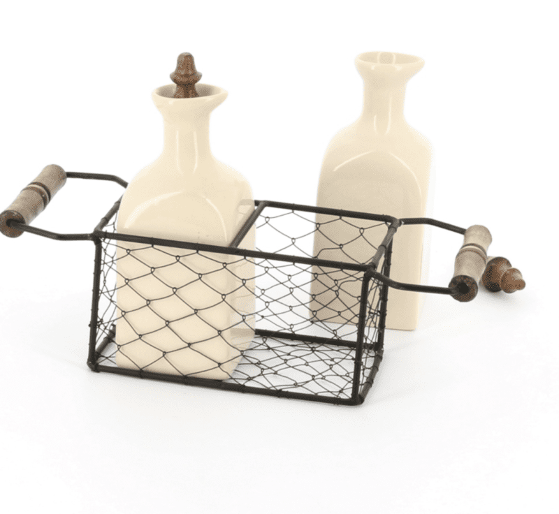 Country kitchen oil and vinegar ceramic set in a wire 2 handled carrier with wooden knobs, back view