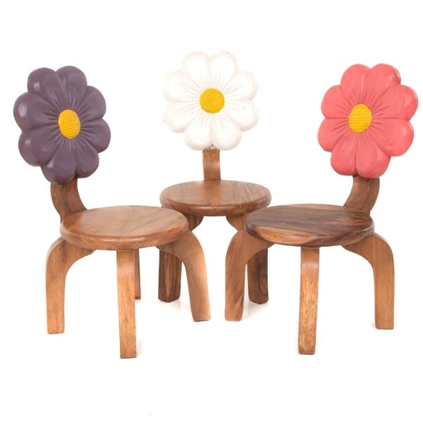 Childs Wooden Chairs With Purple White Pink Flower Carved and Painted on Back Rests