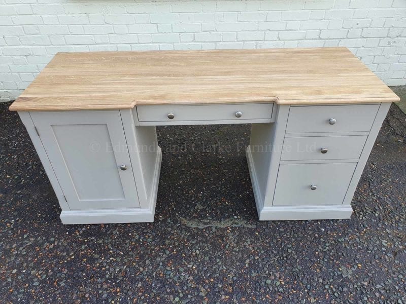 workstation desk with filing drawer and 3 useful drawers, cupboard on left, painted grey with oiled oak top