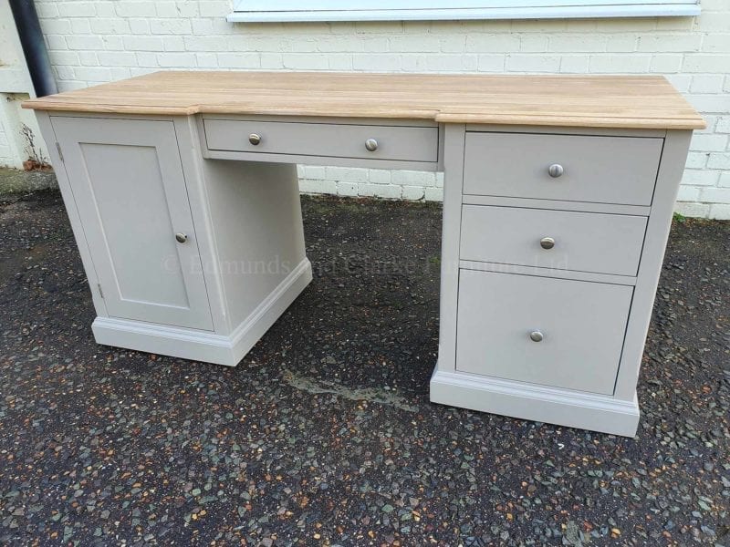 Office desk with cupboard and drawers, painted grey with oiled oak top