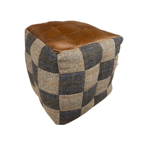 Leather top footstool with mixed fabric V2