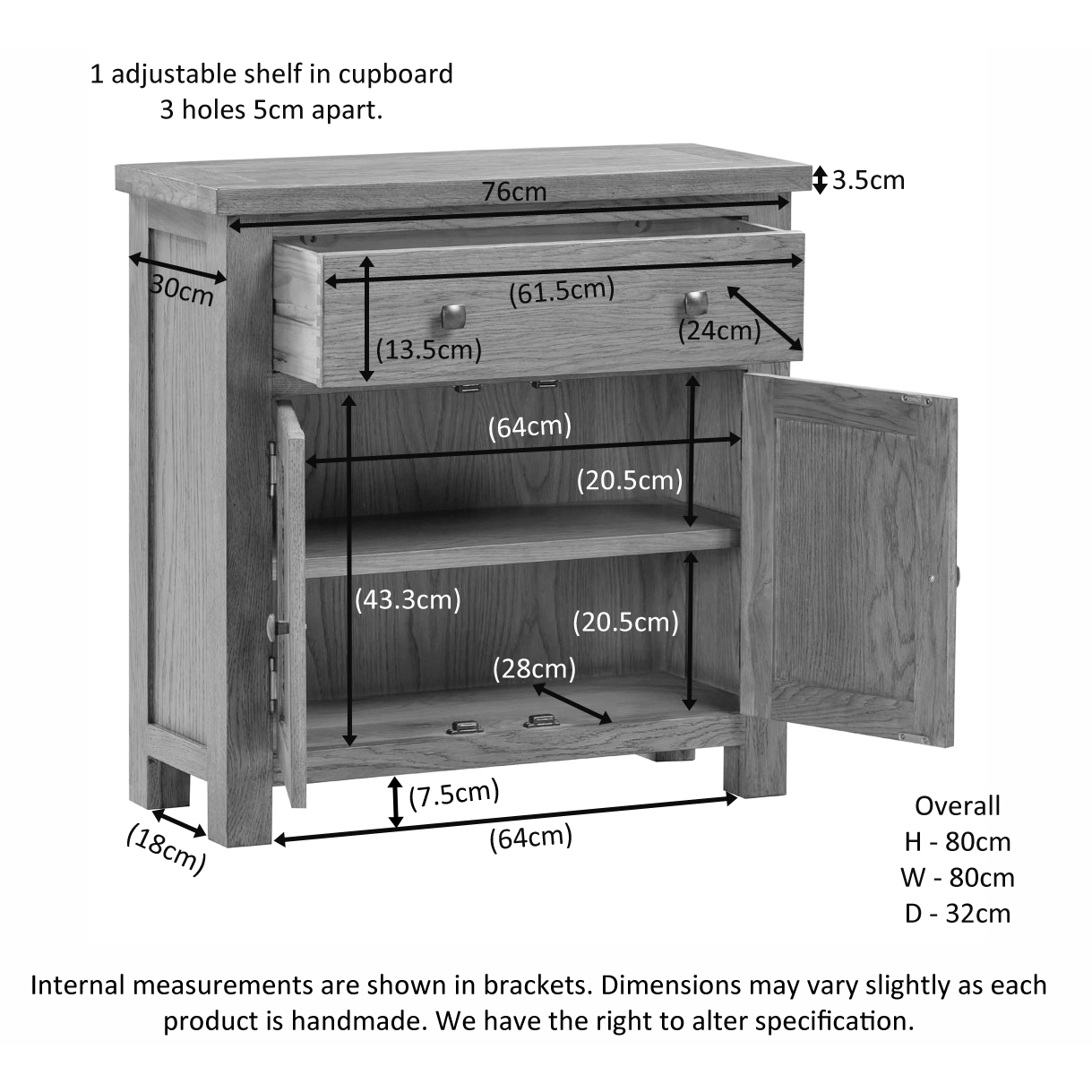 DOR050 Dorset compact sideboard extra measurements. Edmunds & Clarke Furniture