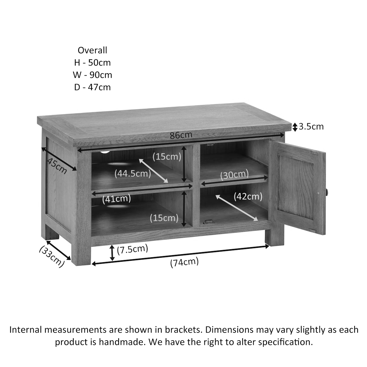 DOR071 Dorset Small TV unit detail measurements. Edmunds & Clarke Furniture