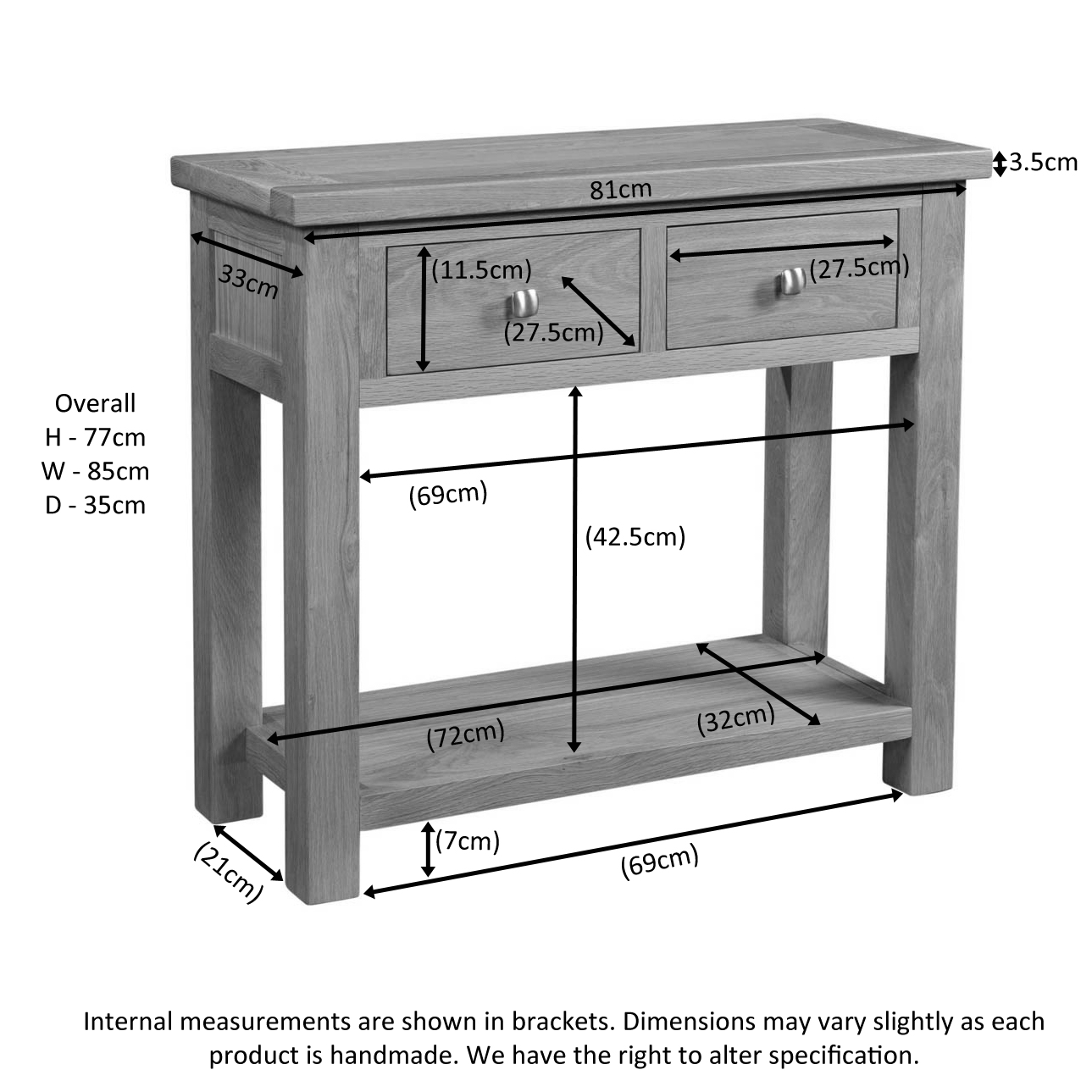 DOR079 Dorset 2 Drawer console table extra measurements. Edmunds & Clarke Furniture