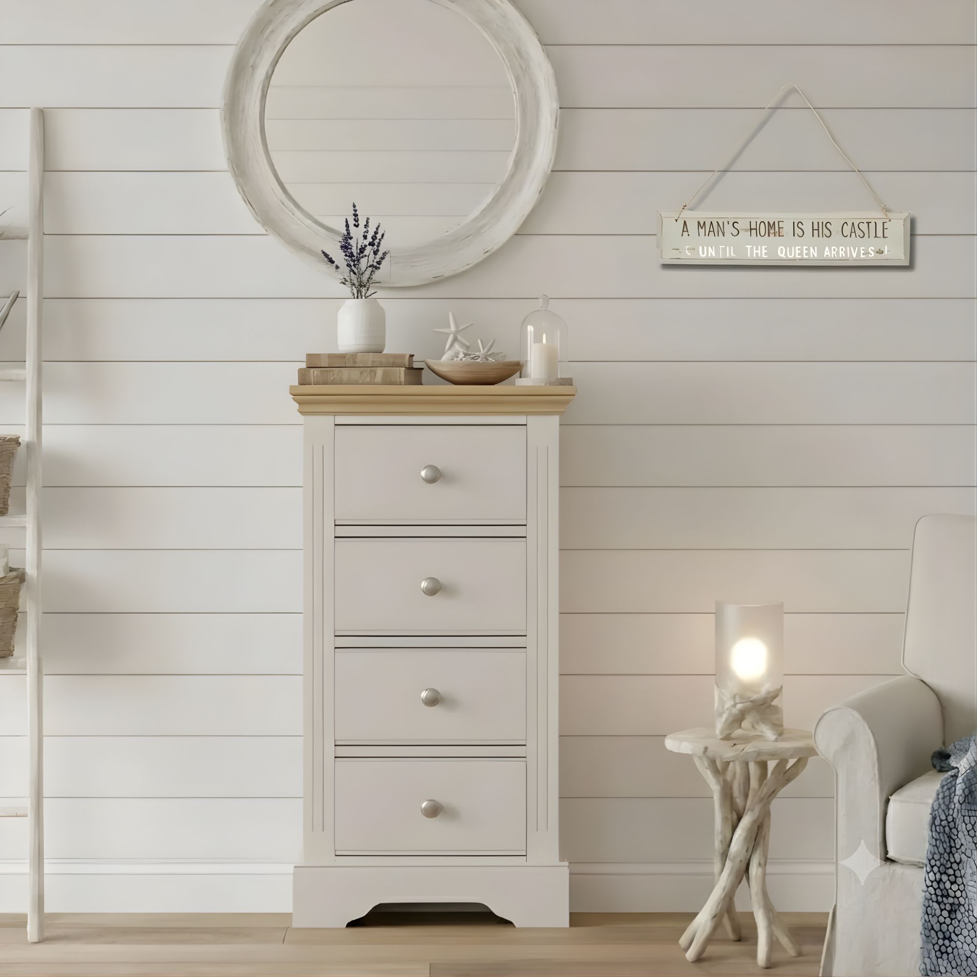 Clarke 4 drawer wellington chest in Trevi and satin nickel ring knobs and oak top