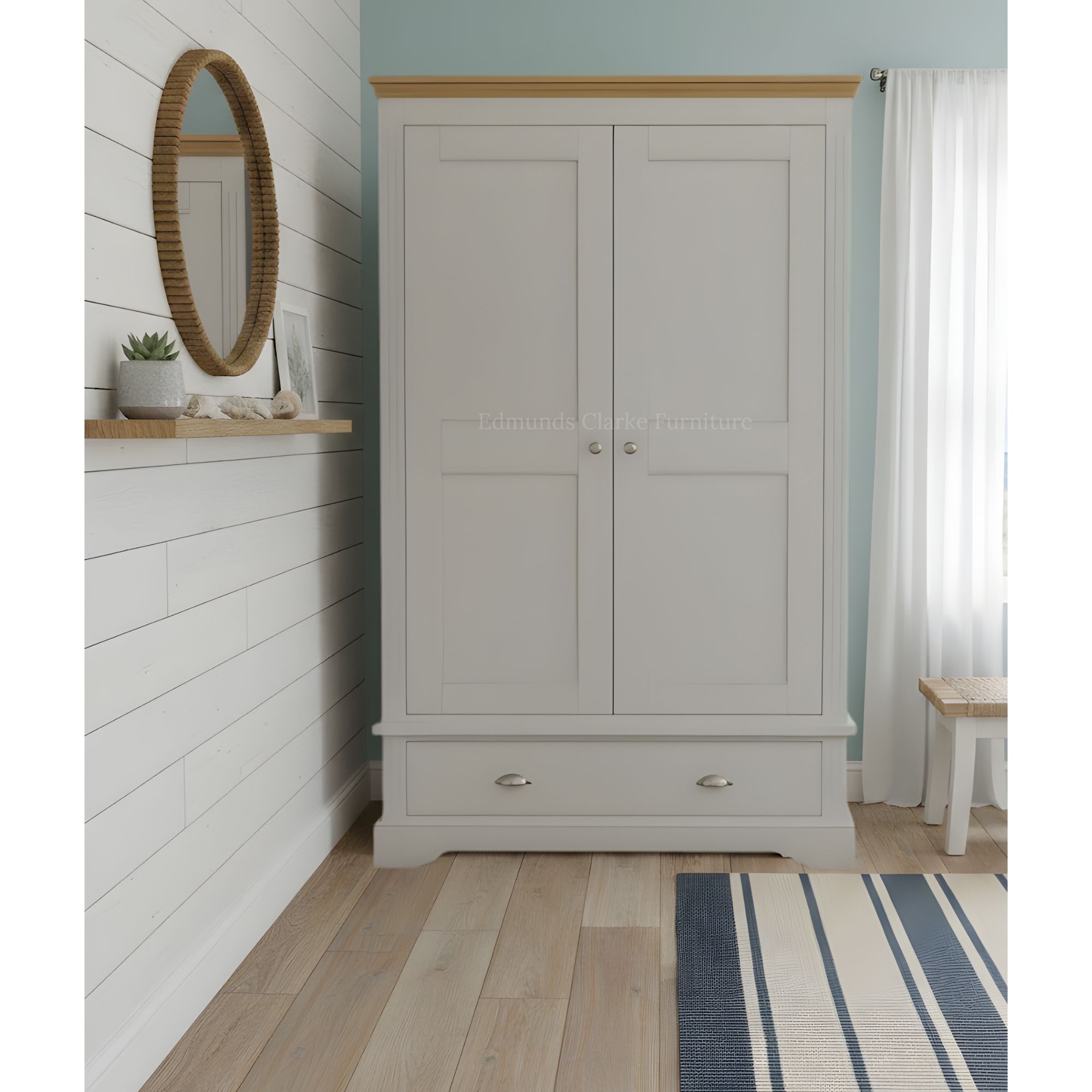 Clarke painted large 2 door wardrobe with drawer room set. Edmunds Clarke Furniture