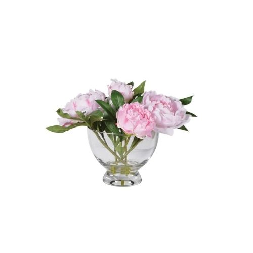 Pale pink faux peonies arrangement in glass jar