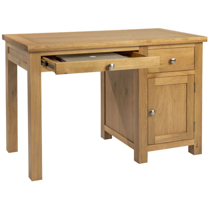 DOR124 Dorset Oak Single Ped desk Narrow Drawer Open