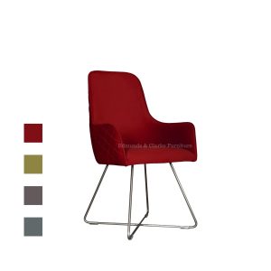 Utah dining chair swatch image. Bucket style seat with cross over style pewter legs. Edmunds Clarke Furniture