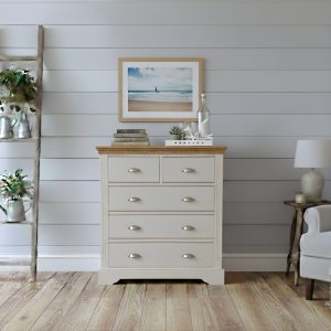 Clarke 2 over 3 chest of drawers room set colour Trevi with oak top. Edmunds Clarke Furniture