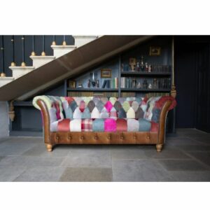 Harlequin patchester sofa room set with leather and harris tweed sides