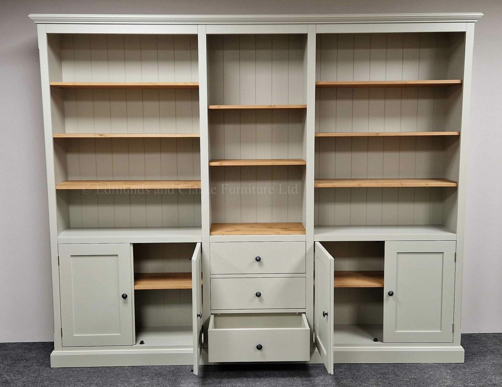 Edmunds Wide Open Bookcase With Doors, drawers and central bookcase doors drawers open