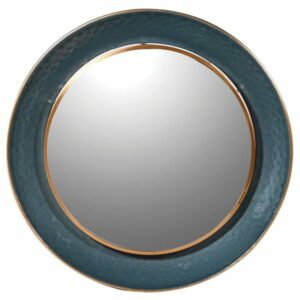 Large round mirror with teal metal frame and gold edging