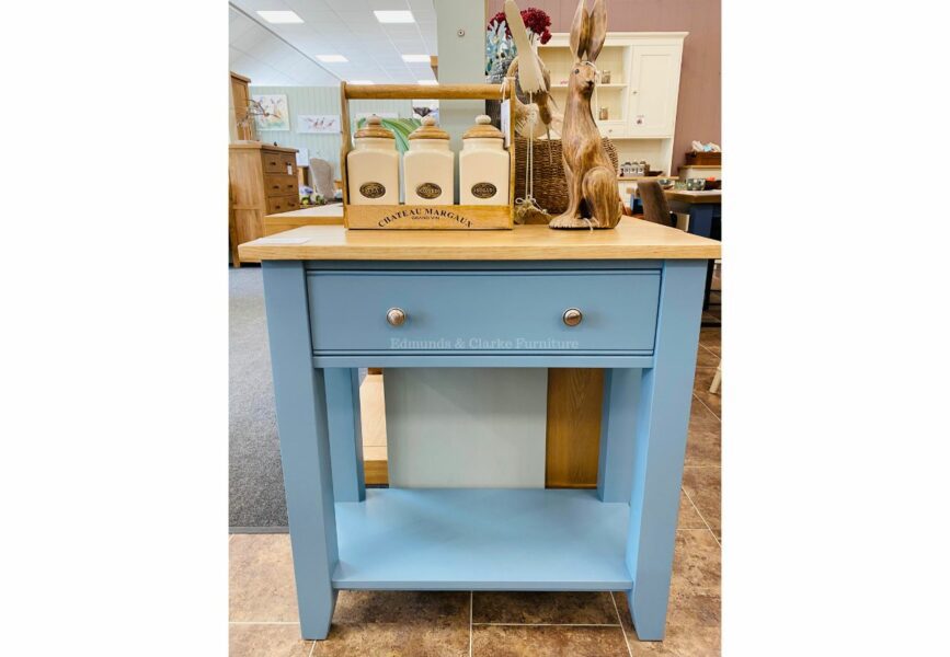 EDMHT76 Edmunds 1 drawer console table oak top. in light blue painted finish and shelf under. Edmunds & Clarke Furniture