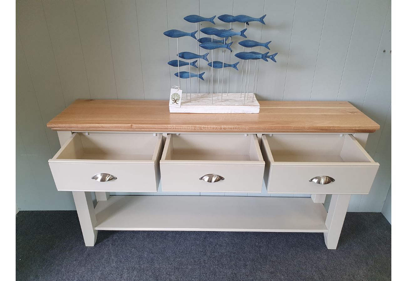 EDMHT150 Edmunds 3 drawer console table beaded oak top, painted with satin nickel cup handles. image showing drawers open. Edmunds & Clarke Furniture