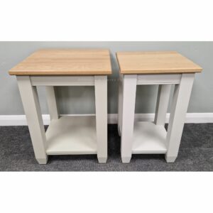 EDMLTSM & EDMLTLG Edmunds style lamp tables painted with 18mm oak tops, shelf at bottom image showing both sizes. Edmunds & Clarke Furniture