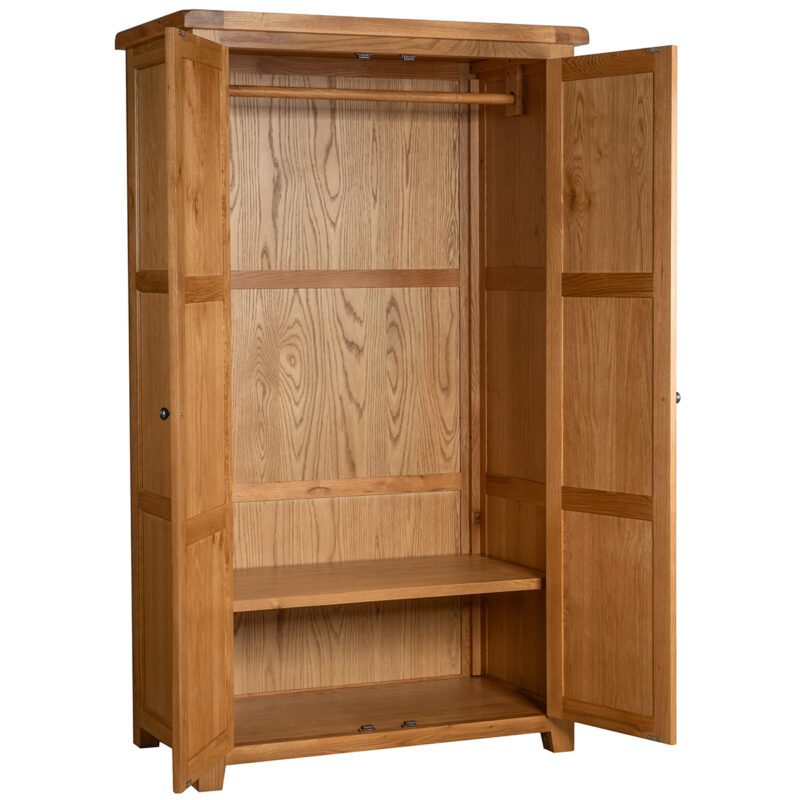 Somerset oak double wardrobe showing doors open and shelf at bottom
