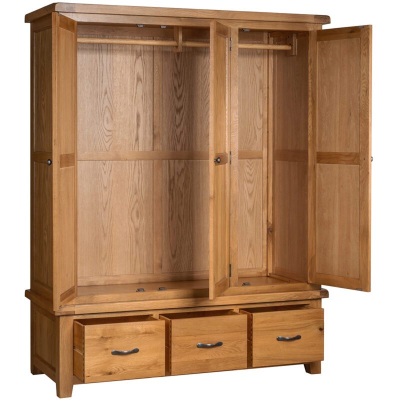 Somerset oak triple wardrobe with 3 doors and 3 drawers open