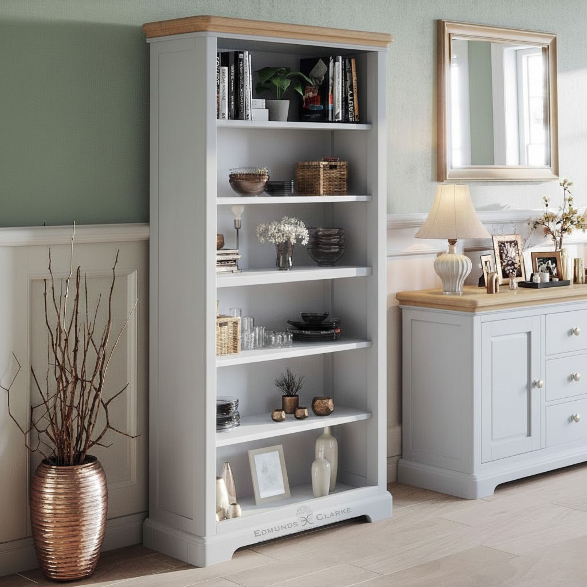 Barton Painted 6ft bookcase Grey mist. Edmunds Clarke Furniture