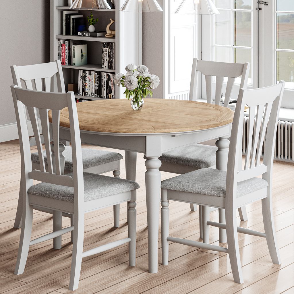 Barton Painted Round butterfly ext dining table room set. Edmunds & Clarke Furniture