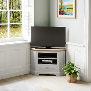 Barton painted corner tv unit grey mist. Edmunds Clarke Furniture