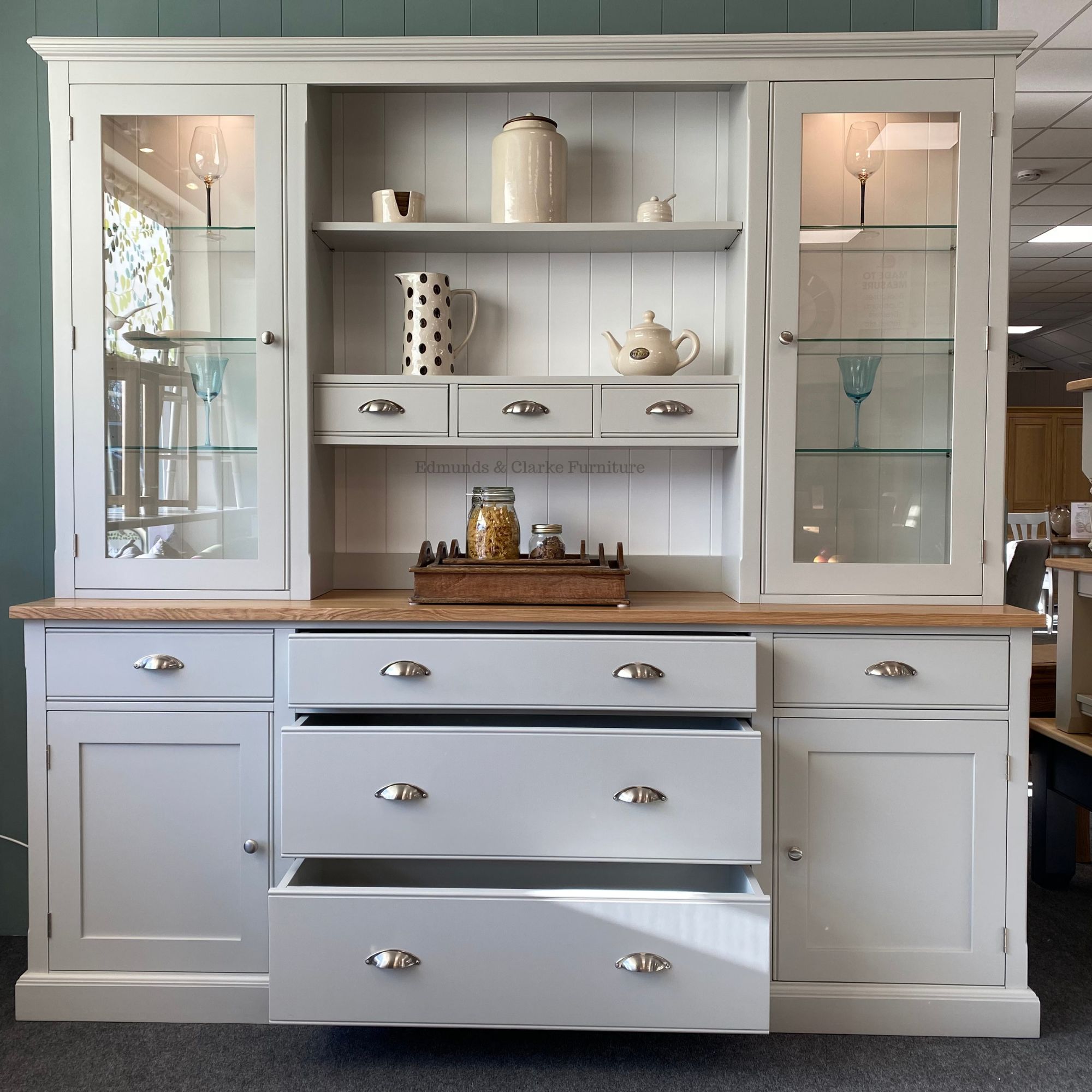 EDMSTDR7 Edmunds Storage Dresser with drawers - glazed doors - central drawers open. Edmunds Clarke Furniture