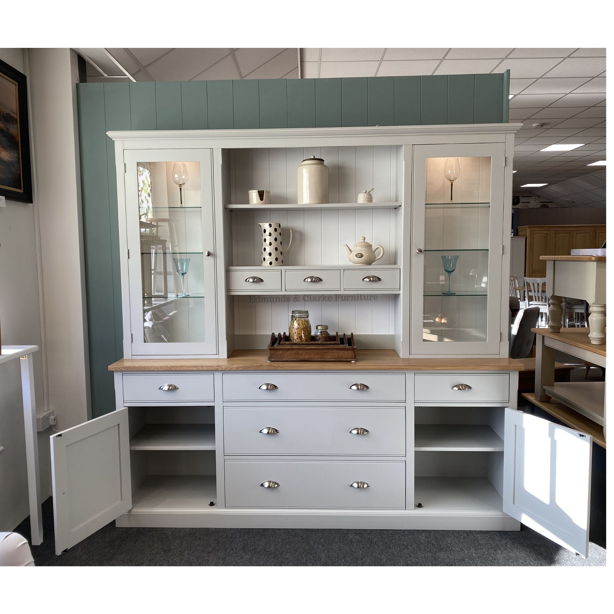 EDMSTDR7 Edmunds Storage Dresser with drawers - lower doors open. Edmunds Clarke Furniture