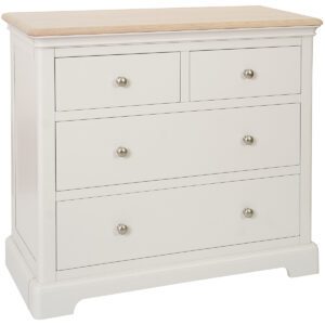 Barton painted 2 over 2 chest of drawers with light oak top and silver knobs. Edmunds & Clarke Furniture