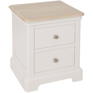 Barton Painted 2 Drawer Bedside with light oak top and silver round knobs. Edmunds & Clarke Furniture