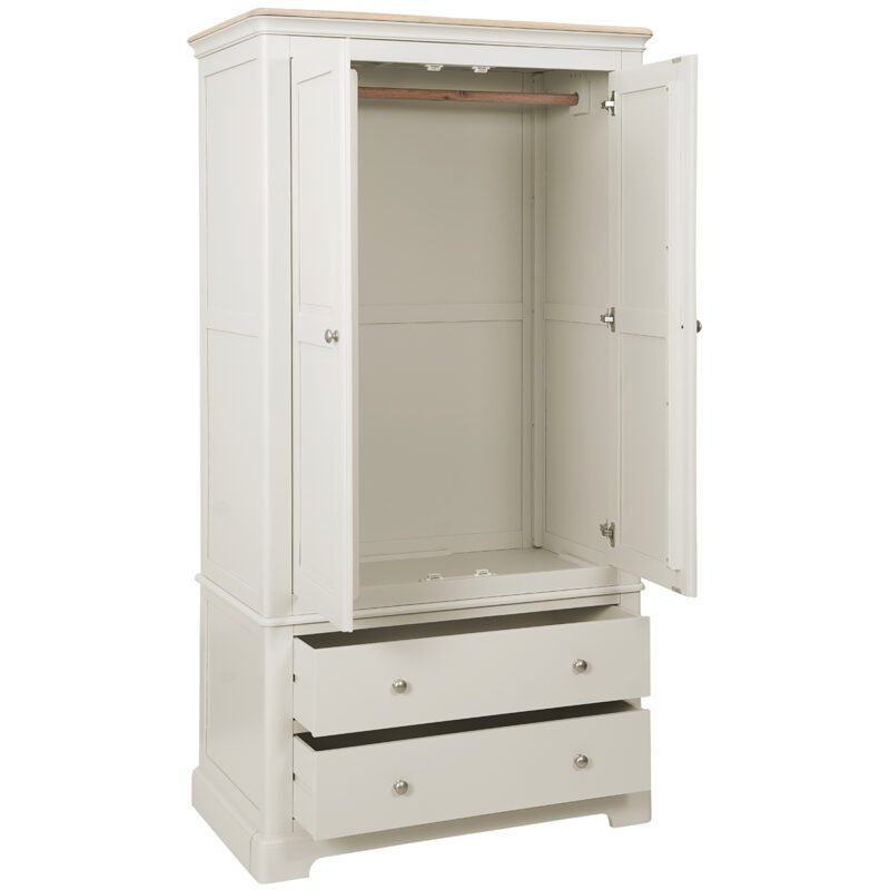 Barton painted 2 drawer Gents Robe doors open with light oak top and silver knobs. Edmunds & Clarke furniture