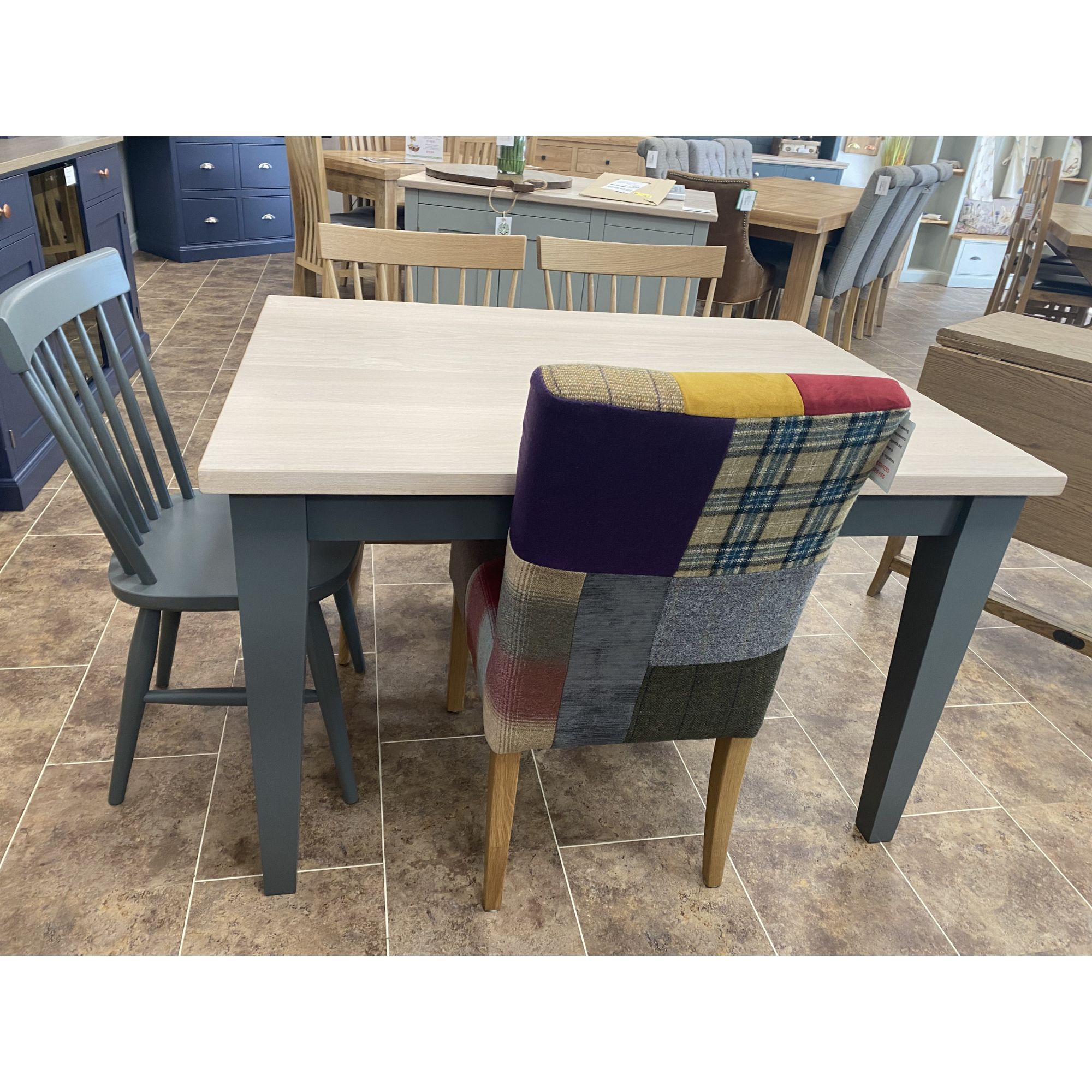 Edmunds shaker dining table 4ft painted in Downpipe with tapered legs and white lacquer top. Edmunds & Clarke Furniture