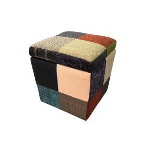 Patchwork storage stool lid removable. Edmunds Clarke Furniture