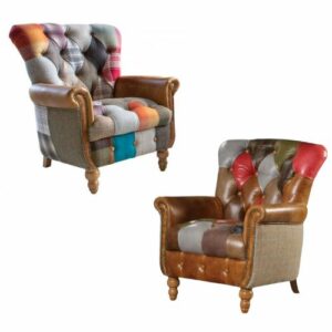 Gotham & Alderly patchwork armchairs. Patchwork fabric with leather arms. Edmunds & Clarke Furniture