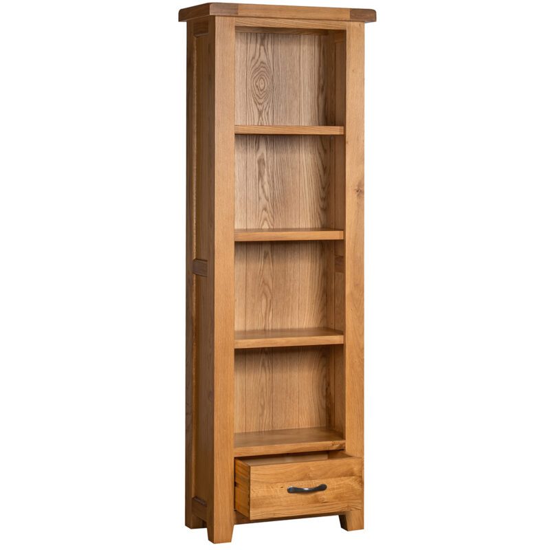 Somerset oak tall narrow bookcase showing drawers open