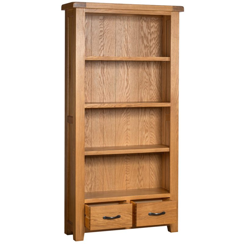 Somerset oak tall bookcase drawer open