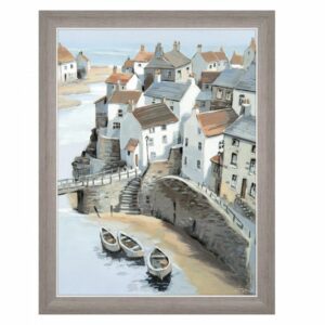 AMG00282 On The Headland framed art. Fishing village scene with boats and bridge and coastal. houses. Glassless grey frame. Edmunds & Clarke Furniture