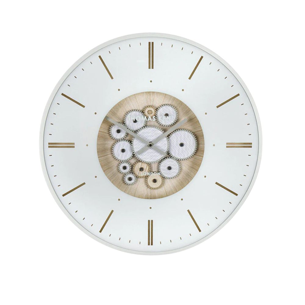 Thomas Kent Clocksmith Grand Clock Ivory. A large wall clock showing the working mechanisms in the centre. Edmunds & Clarke furniture