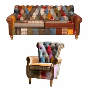 Dickinson Sofa and arm chair collection. Patchwork fabric. Edmunds & Clarke Furniture