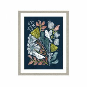 AML01725 Melody framed wall art. Flower graphics on a navy background.