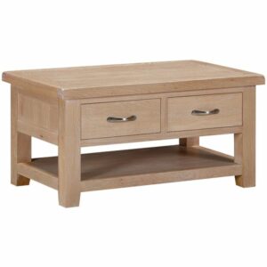 Suffolk White washed Oak Coffee Table With 2 Drawers. Edmunds & Clarke Furniture