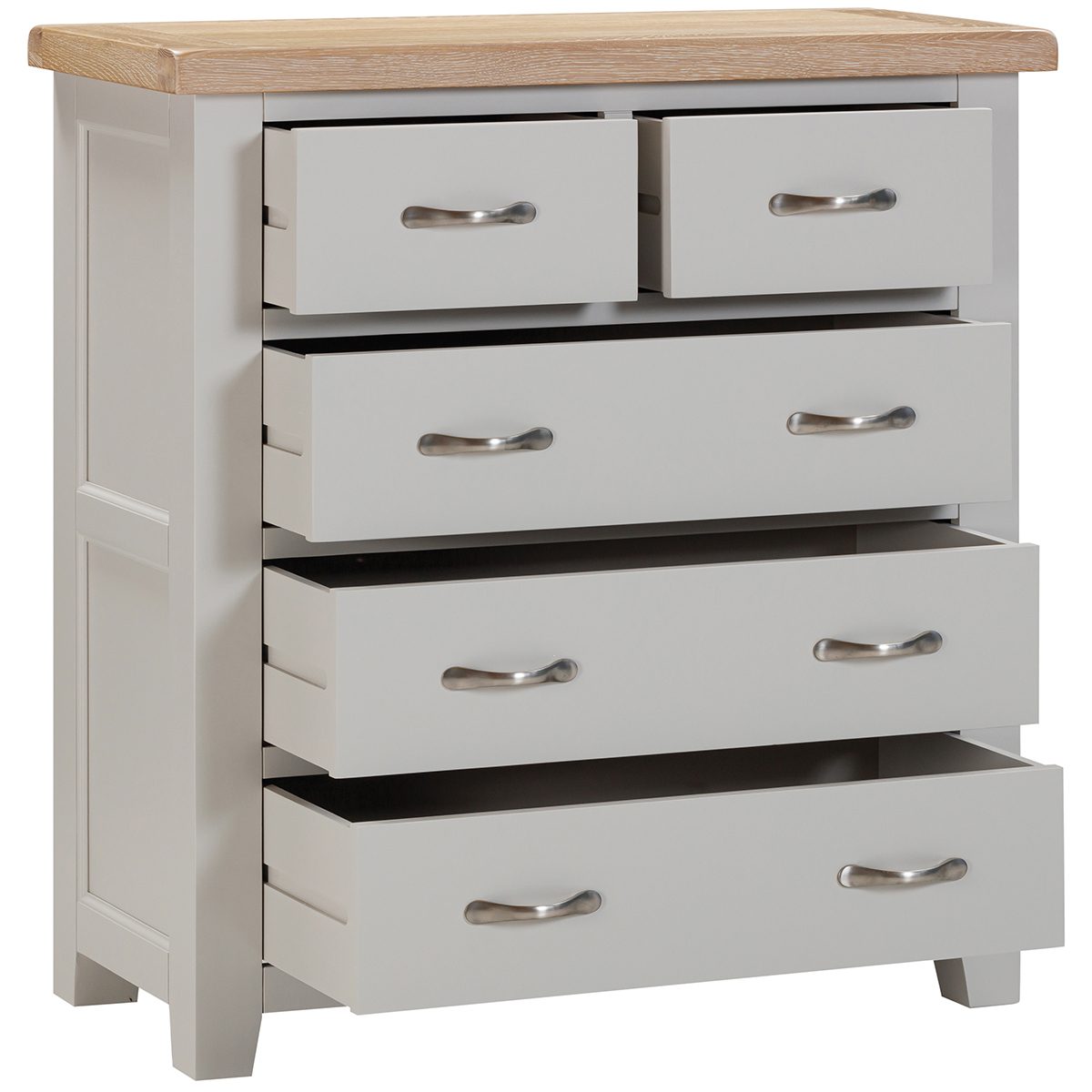 Suffolk painted 3+2 chest drawers open. Chunky oak top. Edmunds & Clarke Furniture